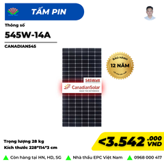 Tấm pin NLMT Canadian Solar 545W Mono Halfcell Ptype bảo hành 12 năm- CS6W - 545MS