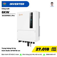 Biến tần Inverter (nghịch lưu) dùng trong hệ thống điện mặt trời. Công suất 6KW, 1pha, hiệu Solis, Model: S6-EH1P6K-L-PRO