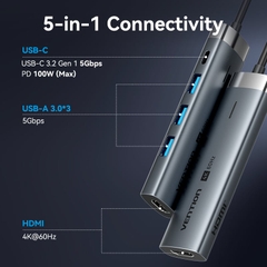 Hub Vention USB-C to HDMI/USB 3.0*3/USB 3.2 Gen 1 Type-C/PD Docking Station 0.15M Gray Aluminum Alloy Type ( TGM-HB )