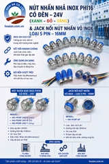 Nút nhấn nhả inox phi16 có đèn-24V(xanh-đỏ-vàng) Jack nối nút nhấn vỏ inox (loại 5 pin -16mm)