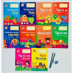 Bộ hành trang cho bé vào lớp 1, bộ 10 cuốn tặng kèm 2 bút chì, 1 gọt bút và 1 tẩy