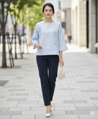 M COLLECTION | Áo Kiểu Nữ Trung Niên Tặng Mẹ, Bà Tơ Cotton Thêu Hoa Cổ Tròn Tay Lỡ Thanh Lịch A12864LW01