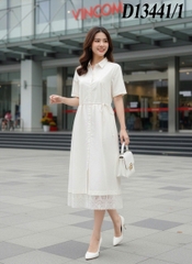 SWANLAKE | Đầm Công Sở Phuom Chiết Eo Ren Dài Qua Gối D13441LW01