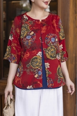 M COLLECTION | Áo Kiểu Nữ Trung Niên Tặng Mẹ Lụa Bông Hai Lớp Cổ Tròn Cài Nút Tay Lỡ Xẻ Tà A13256LW01