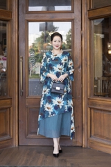 M COLLECTION | Váy Đầm Nữ Trung Niên Tặng Mẹ, Bà Suông Tơ 2 Lớp Cổ Tròn Tay Lỡ In Hoa D13247LW01