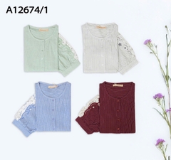 Áo Kiểu Cotton Sọc Tay Lở Thêu Họa Tiết - A12674/1