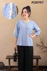 Áo Kiểu Cotton Sọc Tay Lở Thêu Họa Tiết - A12674/1