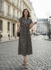 SWANLAKE | Váy Đầm Nữ Sơ Mi Cài Nút Tay Ngắn Vải Cotton Bông Dây Thắt Eo Dạo Phố Công Sở D13451LW01