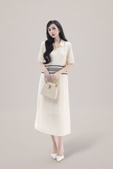 Váy Đầm Nữ Tay Ngắn Cổ Sơ Mi Vải Tơ Phối Ren Sọc Ngang Có Túi Công Dở Dạo Phố D13017LW01