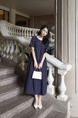 SWANLAKE | Váy Đầm Maxi Nữ Suông Trơn Đính Nút Bọc Tơ Cát Eo Hạ Xếp Ly Cổ Tròn Có Túi Công Sở D12835LW01