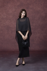 SWANLAKE | Váy Đầm Maxi Nữ Vải Lụa Gấm Phối Choàng Tơ Xẻ Tà Nhấn Eo Sát Nách Đi Tiệc D13329LW01