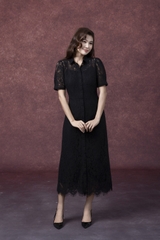 SWANLAKE | Váy Đầm Sơ Mi Nữ Vải Phối Ren Hoa 2 Lớp Chiết Eo Tay Ngắn Sang Trọng Đi Tiệc D13326LW01