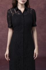 SWANLAKE | Váy Đầm Sơ Mi Nữ Vải Phối Ren Hoa 2 Lớp Chiết Eo Tay Ngắn Sang Trọng Đi Tiệc D13326LW01