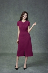 SWANLAKE | Váy Đầm Nữ Midi Cổ Chữ V Cài Nút Xếp Ly Vải Linen Tay Ngắn Thắt Eo Xẻ Tà Công Sở D13288LW01