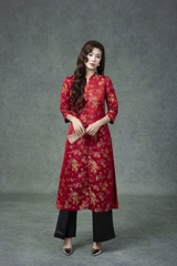 SWANLAKE | Áo Dài Cách Tân Nữ Phom Suông Cổ Chữ V Cài Nút Tay Lỡ Vải Gấm Tafta Hoa Tết L13371LW01