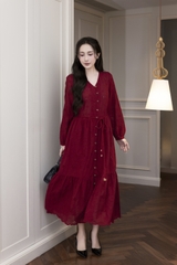 SWANLAKE | Váy Đầm Nữ Maxi Suông Đuôi Cá Xòe Cài Nút Cotton Tay Dài Dây Thắt Eo Tiệc Công Sở D13100LW01