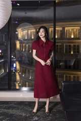 SWANLAKE | Váy Đầm Midi Nữ Chất Vải Dạ Cổ Sơ Mi Khóa Kéo Tay Ngắn Nhấn Eo Công Sở Đi Tiệc D13353MW01 Vải Nỉ