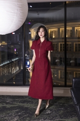 SWANLAKE | Váy Đầm Midi Nữ Chất Vải Dạ Cổ Sơ Mi Khóa Kéo Tay Ngắn Nhấn Eo Công Sở Đi Tiệc D13353MW01 Vải Nỉ