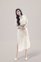 Váy Đầm Nữ Tay Ngắn Cổ Sơ Mi Vải Tơ Phối Ren Sọc Ngang Có Túi Công Dở Dạo Phố D13017LW01