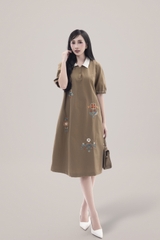 SWANLAKE | Váy Đầm Nữ Suông Vải Cotton Thêu Hoa Cổ Sơ Mi Tay Ngắn Phồng Công Sở Thanh Lịch D13077LW01