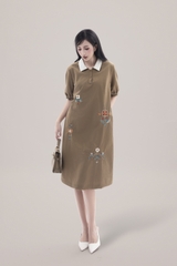 SWANLAKE | Váy Đầm Nữ Suông Vải Cotton Thêu Hoa Cổ Sơ Mi Tay Ngắn Phồng Công Sở Thanh Lịch D13077LW01