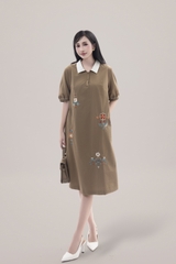 SWANLAKE | Váy Đầm Nữ Suông Vải Cotton Thêu Hoa Cổ Sơ Mi Tay Ngắn Phồng Công Sở Thanh Lịch D13077LW01