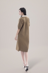 SWANLAKE | Váy Đầm Nữ Suông Vải Cotton Thêu Hoa Cổ Sơ Mi Tay Ngắn Phồng Công Sở Thanh Lịch D13077LW01