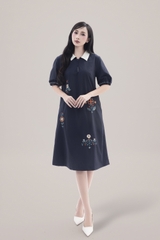 SWANLAKE | Váy Đầm Nữ Suông Vải Cotton Thêu Hoa Cổ Sơ Mi Tay Ngắn Phồng Công Sở Thanh Lịch D13077LW01