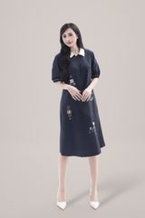 SWANLAKE | Váy Đầm Nữ Suông Vải Cotton Thêu Hoa Cổ Sơ Mi Tay Ngắn Phồng Công Sở Thanh Lịch D13077LW01