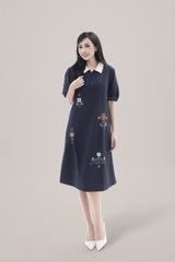SWANLAKE | Váy Đầm Nữ Suông Vải Cotton Thêu Hoa Cổ Sơ Mi Tay Ngắn Phồng Công Sở Thanh Lịch D13077LW01