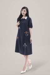 SWANLAKE | Váy Đầm Nữ Suông Vải Cotton Thêu Hoa Cổ Sơ Mi Tay Ngắn Phồng Công Sở Thanh Lịch D13077LW01