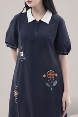 SWANLAKE | Váy Đầm Nữ Suông Vải Cotton Thêu Hoa Cổ Sơ Mi Tay Ngắn Phồng Công Sở Thanh Lịch D13077LW01