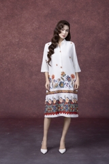 SWANLAKE | Váy Đầm Nữ Midi Tay Lỡ Cổ Sơ Mi Vải Lụa Dày In Hoa Có Túi Công Sở Dạo Phố D13263LW01