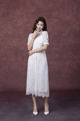 SWANLAKE | Váy Đầm Sơ Mi Nữ Vải Phối Ren Hoa 2 Lớp Chiết Eo Tay Ngắn Sang Trọng Đi Tiệc D13326LW01