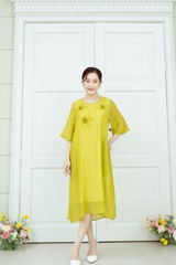 Đầm Trung Niên Phom Suông Tơ Dập Nhún Qua Gối Đính Hoa 3D - D10858/13