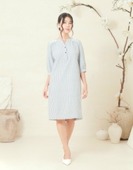 Đầm Tiệc Phom Suông Cotton Sọc Qua Gối Thêu Họa Tiết - D11882/4