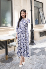 SWANLAKE | Váy Đầm Maxi Hoa Nhí Phom Dài Xòe 2 Tầng Vải Xô Bông/Linen Lụa Tay Lỡ Cổ Trụ - D10887