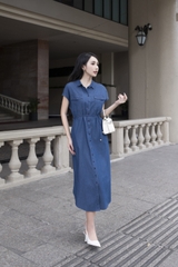 SWANLAKE | Váy Đầm Midi Nữ Sơ Mi Suông Trơn Denim Jean Wash Dây Thắt Eo Túi Hộp Ngực Công Sở D12906LW01