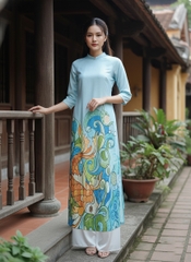 SWANLAKE | Áo Dài Nữ Cách Tân Vũ Môn Phom Suông Cổ Trụ Vải Linen Lụa In Họa Tiết Cá Chép Tết L13097LW01