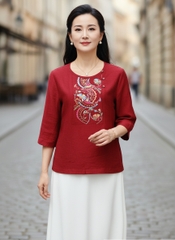 M COLLECTION | Áo Kiểu Nữ Trung Niên Tặng Mẹ Bà Cổ Tròn Vải Lụa Hàn Thêu Hoa Đính Nút Tay Lỡ A13023LW01