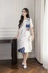 SWANLAKE | Váy Đầm Nữ Phom A Cổ Tròn Tay Ngắn Lụa Dày In Hoa Sang Trọng Đi Tiệc Công Sở D13067LW01
