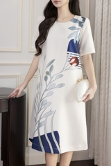 SWANLAKE | Váy Đầm Nữ Phom A Cổ Tròn Tay Ngắn Lụa Dày In Hoa Sang Trọng Đi Tiệc Công Sở D13067LW01