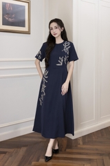 Váy Đầm Nữ Suông Cổ Tròn Vải Lụa Dày Thêu Hoa Nhấn Eo Tay Ngắn Sang Trọng Đi Tiệc D13038LW01