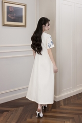 Váy Đầm Nữ Suông Cổ Tròn Vải Lụa Dày Thêu Hoa Nhấn Eo Tay Ngắn Sang Trọng Đi Tiệc D13038LW01