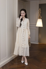 SWANLAKE | Váy Đầm Nữ Maxi Suông Đuôi Cá Xòe Cài Nút Cotton Tay Dài Dây Thắt Eo Tiệc Công Sở D13100LW01