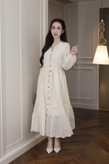SWANLAKE | Váy Đầm Nữ Maxi Suông Đuôi Cá Xòe Cài Nút Cotton Tay Dài Dây Thắt Eo Tiệc Công Sở D13100LW01