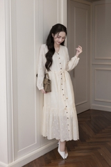 SWANLAKE | Váy Đầm Nữ Maxi Suông Đuôi Cá Xòe Cài Nút Cotton Tay Dài Dây Thắt Eo Tiệc Công Sở D13100LW01