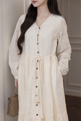 SWANLAKE | Váy Đầm Nữ Maxi Suông Đuôi Cá Xòe Cài Nút Cotton Tay Dài Dây Thắt Eo Tiệc Công Sở D13100LW01