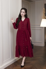 SWANLAKE | Váy Đầm Nữ Maxi Suông Đuôi Cá Xòe Cài Nút Cotton Tay Dài Dây Thắt Eo Tiệc Công Sở D13100LW01