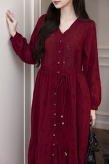 SWANLAKE | Váy Đầm Nữ Maxi Suông Đuôi Cá Xòe Cài Nút Cotton Tay Dài Dây Thắt Eo Tiệc Công Sở D13100LW01